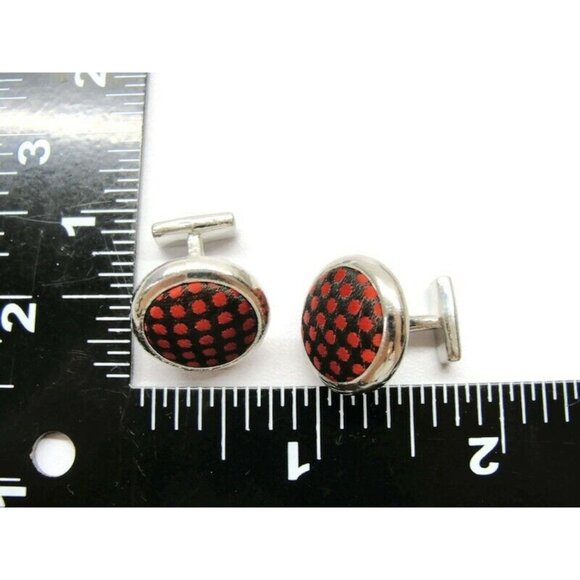 Cufflinks Silver Red Plaid Fabric Insert Tux Shirt Dress Suit Vintage - Picture 4 of 7